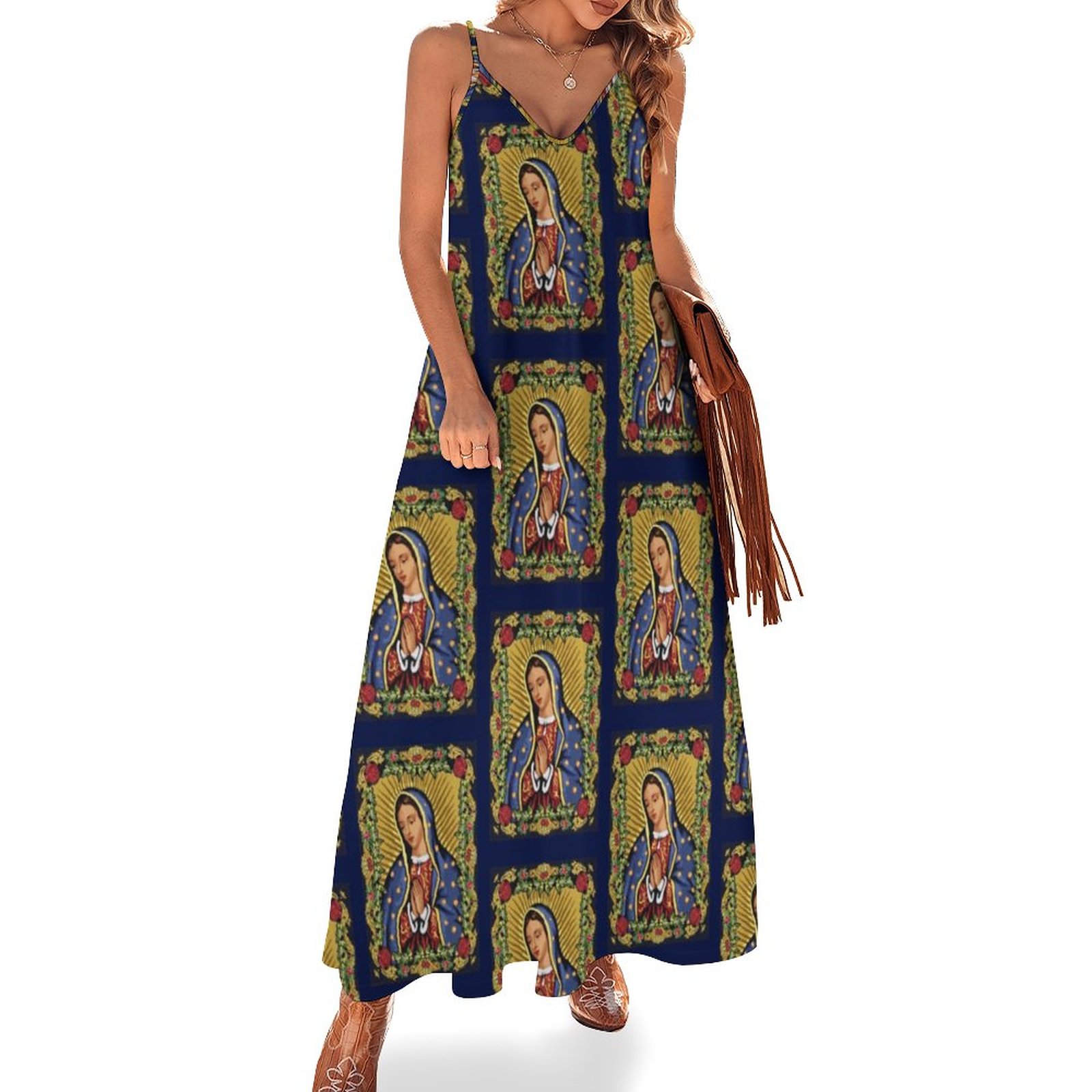 Our Lady Of Guadalupe Pretty Southwest Women's Casual Strappy V Neck  Sleeveless Flowy Loose Long Maxi Beach Dress Sundress