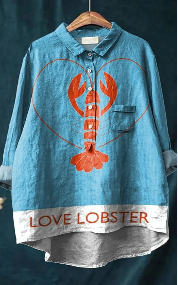 Women's Love Lobster Print Casual Cotton And Linen Shirt