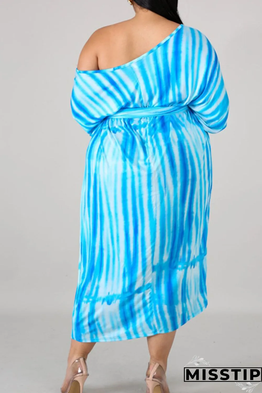 Sky Blue Casual Print Patchwork Off the Shoulder Straight Plus Size Dresses