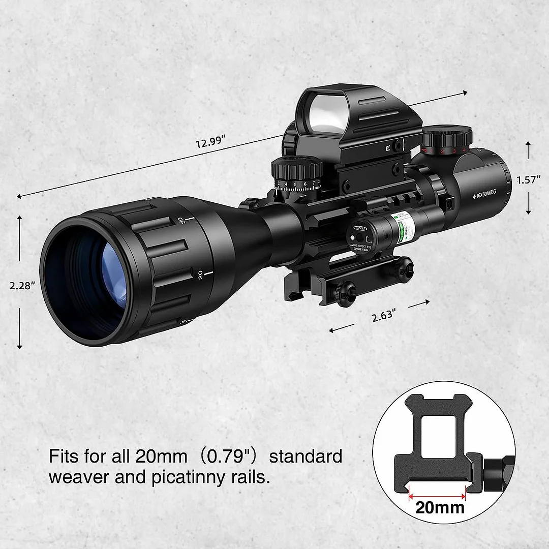 ohhunt® 4-16x50 AO Tactical Rifle Scope Dual Illuminated Optics & Illuminated Reflex Sight 4 Holographic Reticle Red/Green Dot Sight & IIIA/2MW Laser Sight