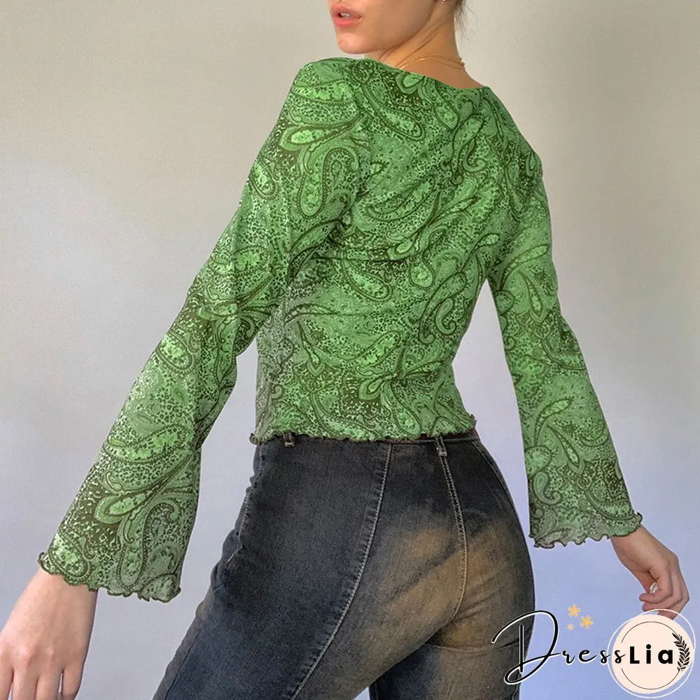 Print Top Retro Y2k Grunge Fairycore Neck Shirt Flared Long Sleeve Pullovers Women Autumn
