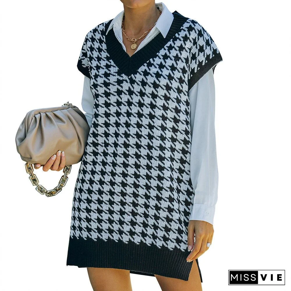 Women Houndstooth Sweater Vest Vintage V Neck Sleeveless Pullover Loose Chic Knitwear Plaid Spring Autumn Office Ladies Tank Top