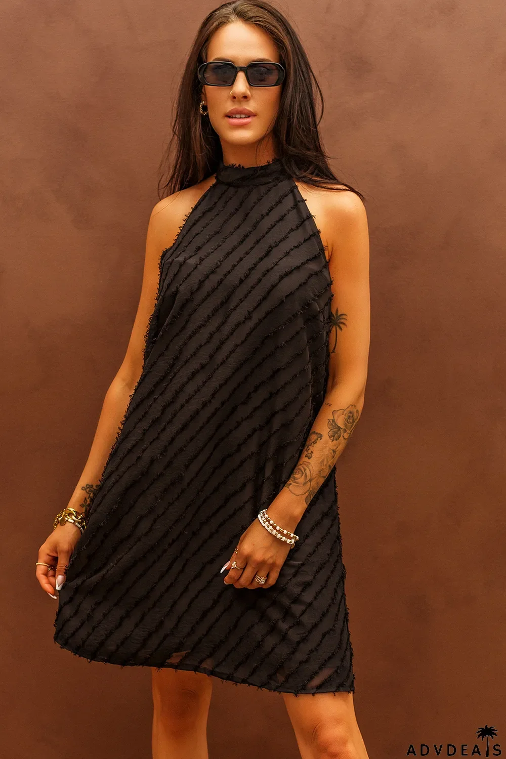 Black Textured Halter Lace-up Sleeveless Mini Dress
