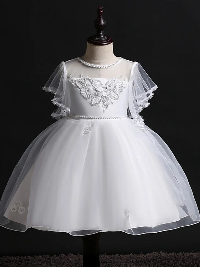 Princess Midi Wedding / Birthday Satin / Tulle Sleeveless Jewel Neck With Bow(S) / Pearls / Beading