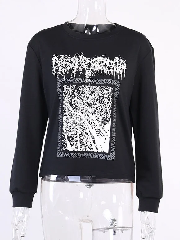 Women Gothic Shirt Black Jewel Neck Long Sleeve Top Novameme