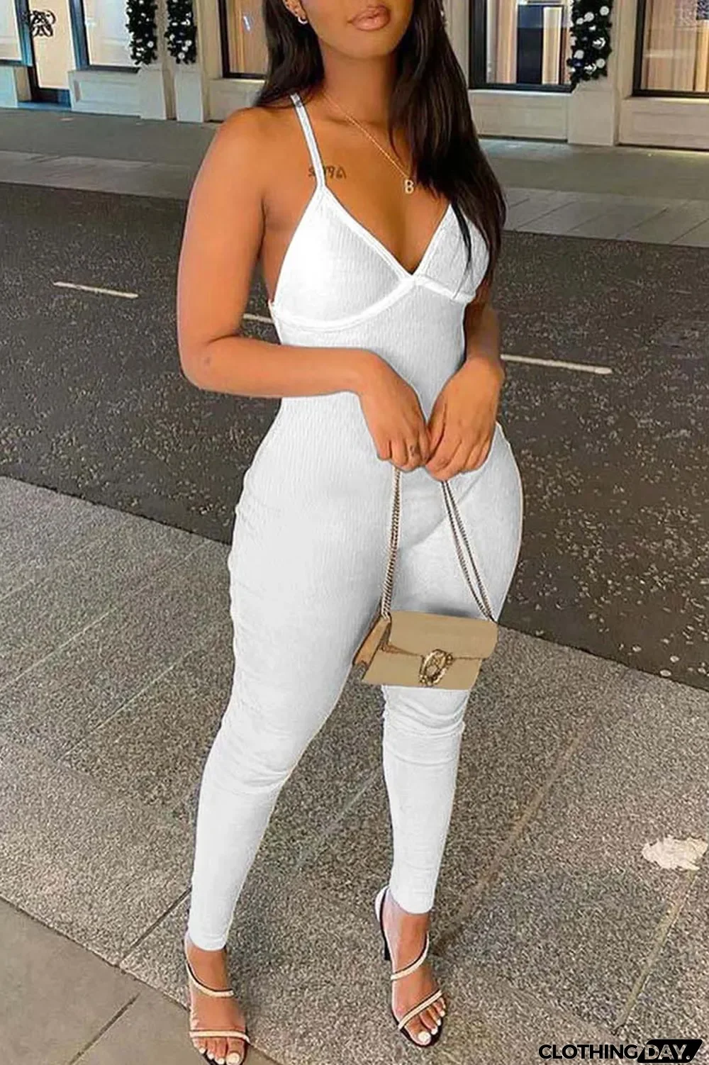 Cyan Sexy Casual Solid Backless Spaghetti Strap Skinny Jumpsuits