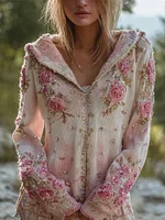 Vintage Boho Pink Roses Embroidered Cozy Knit Hooded Cardigan