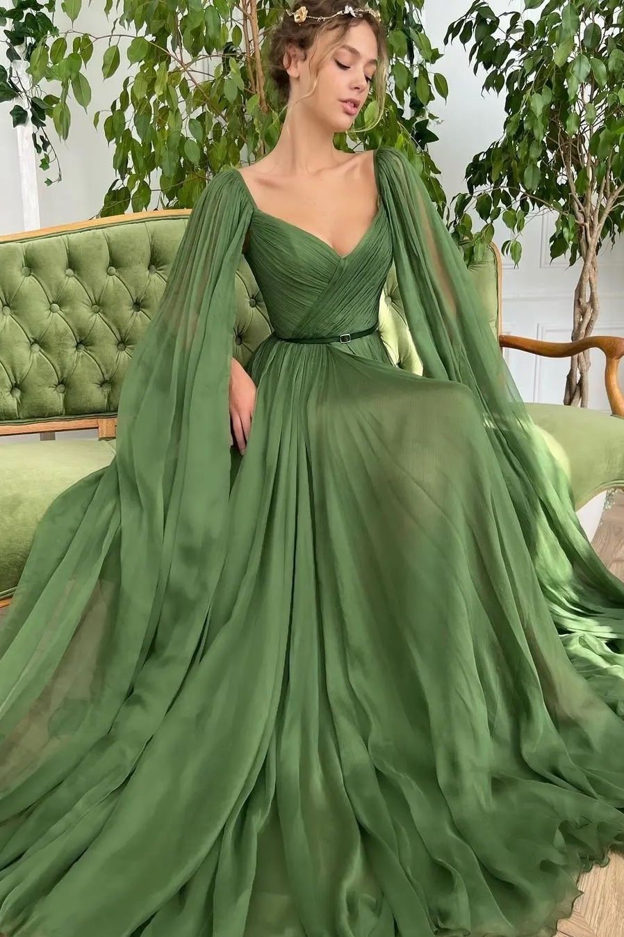Newest Green Long Sleeves Tulle Prom Dress With Belt | Ballbellas Ballbellas