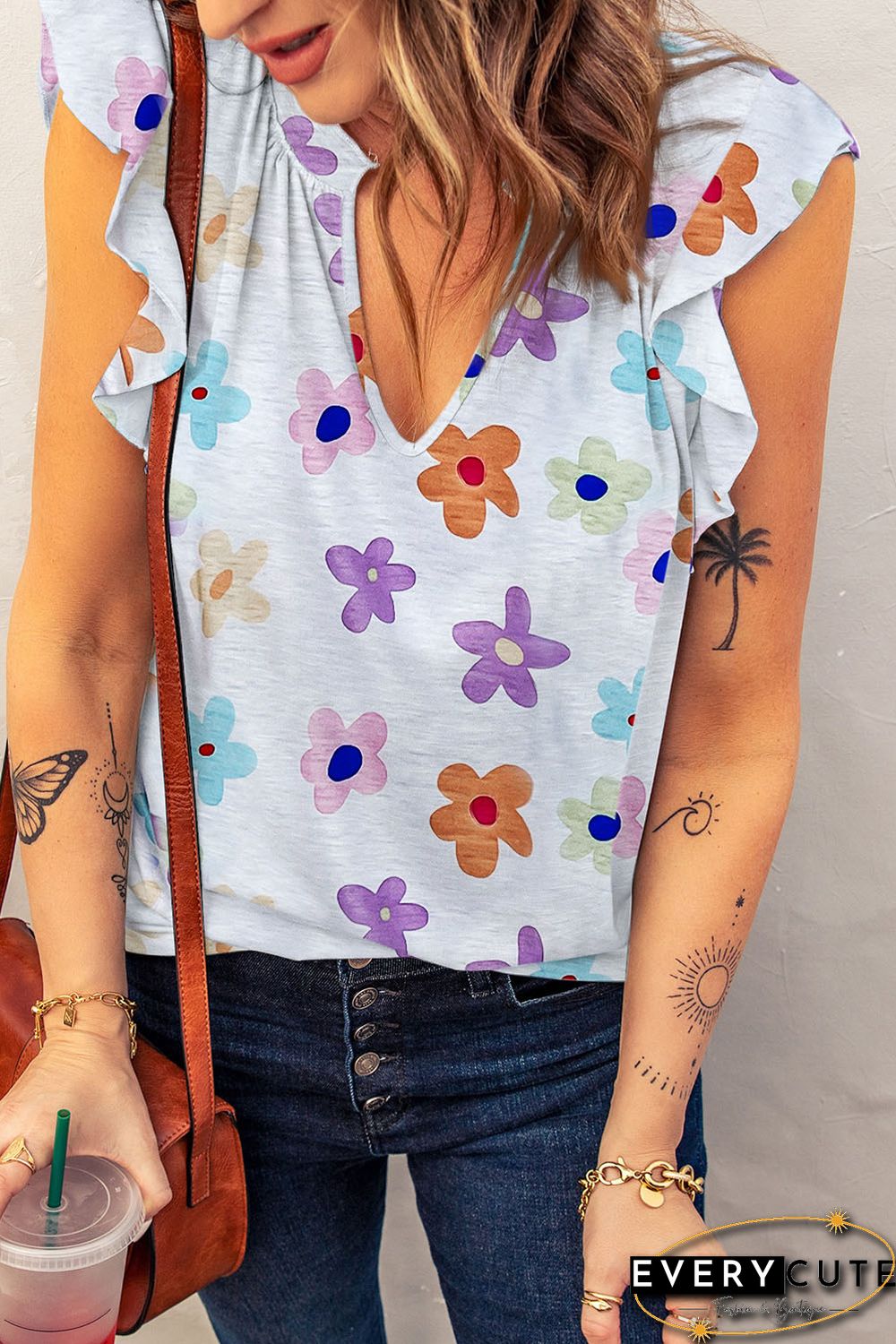 White Flower Print Notch V-Neck Flutter Sleeveless Tank