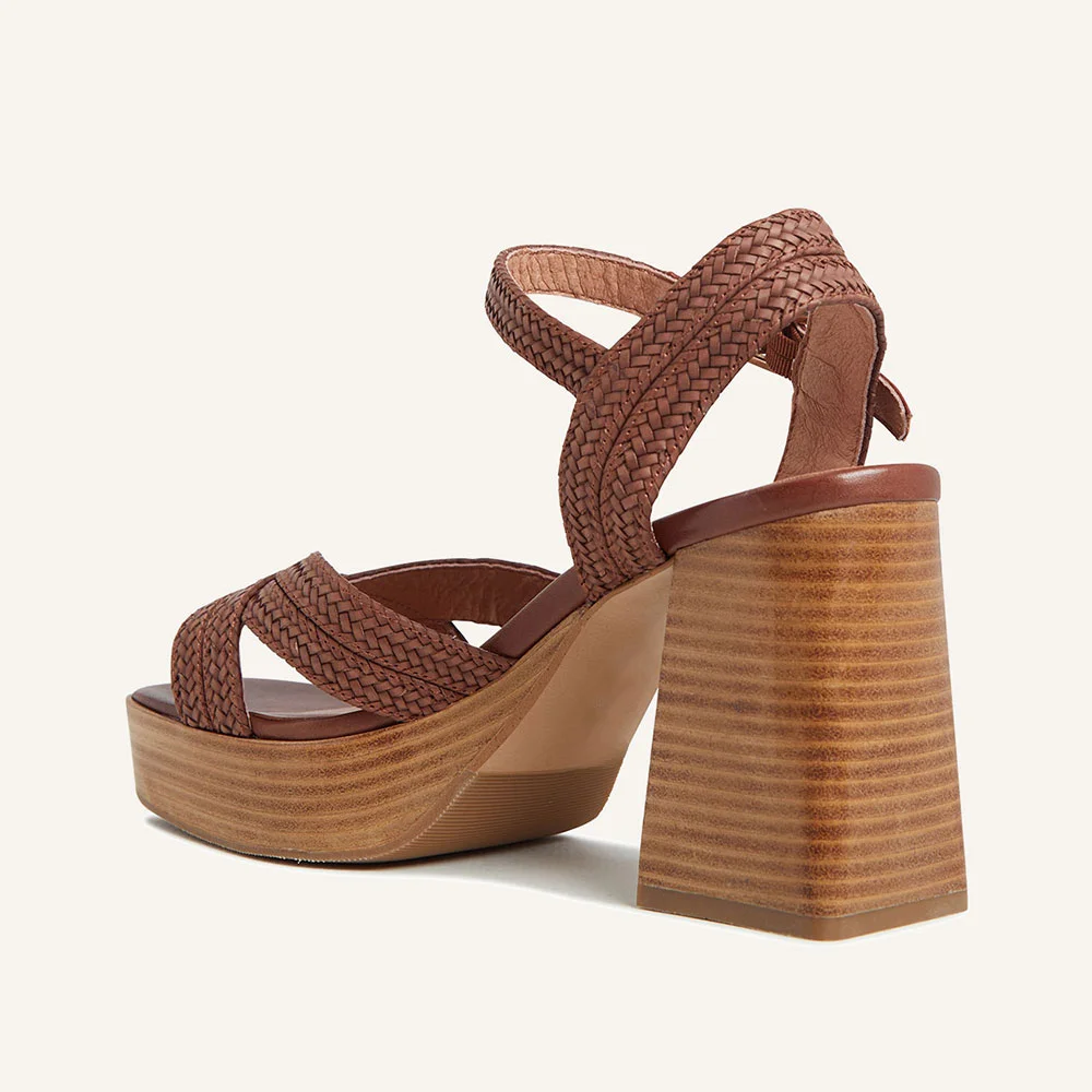 Brown Braided Open Square Toe Ankle Strap Block Heel Platform Sandals
