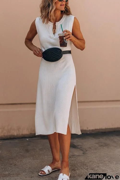 V Neck Side Split Midi Dress