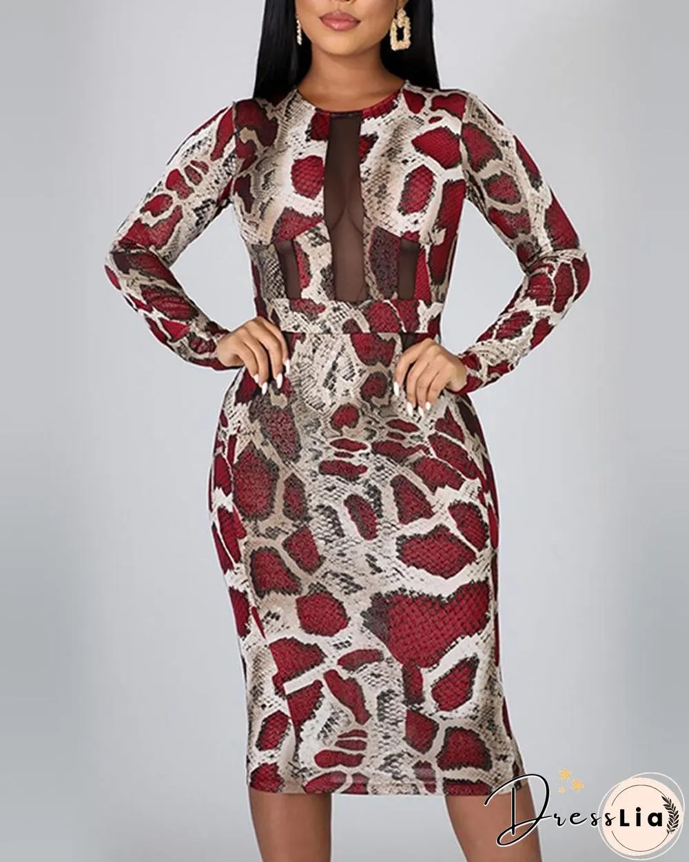Snake Print Mesh Insert Bodycon Dress