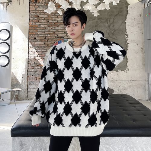 -Geometric Pattern Jacquard Round Neck Pullover Loose Thick Sweater KK1817/P95-Dawfashion- Original Design Clothing Store-Halloween 2022