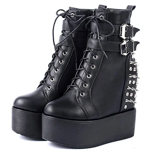 Vstacam 2022 Round Toe Metal Rivets Ankel Boots For Women Black White Gothic Female Shoes  Wedges High Heels Shoes