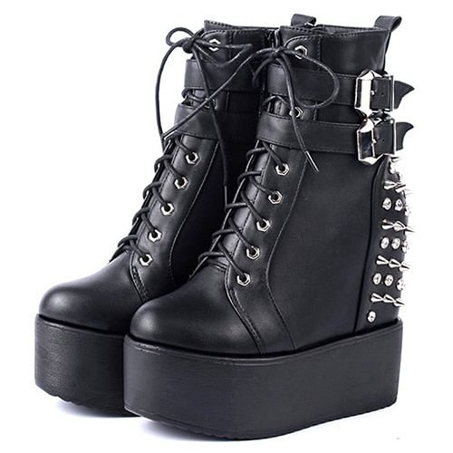 Gdgydh 2022 Round Toe Metal Rivets Ankel Boots For Women Black White Gothic Female Shoes Drop Shipping Wedges High Heels Shoes