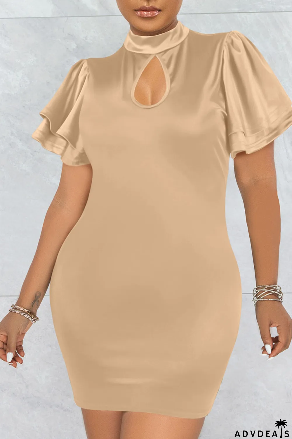 Champagne Casual Solid Split Joint O Neck One Step Skirt Dresses