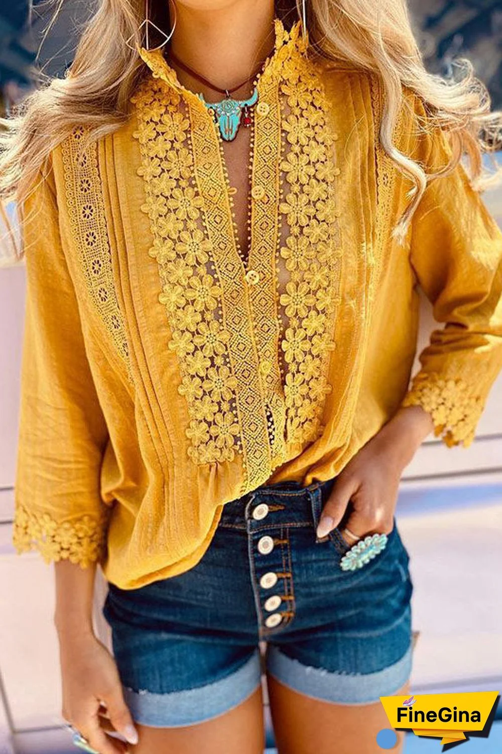 Yellow Lace Patchwork Buttoned Blouse