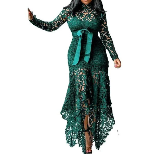 Uveng Uveng New Women's Lace Lace Hollow Long Sleeve Tie 5 Color Irregular Dress