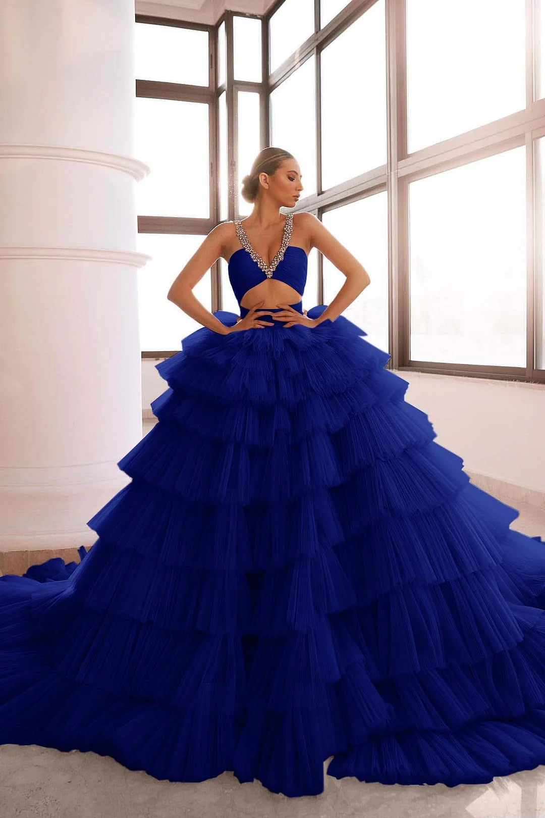 Daisda Luxurious Deep Sleeveless Pink V-Neck Prom Dress Tulle Layer