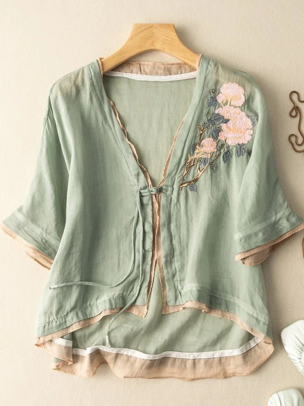 Women's Ramie Flower Embroidery Color Stitching Trim Cardigan Top