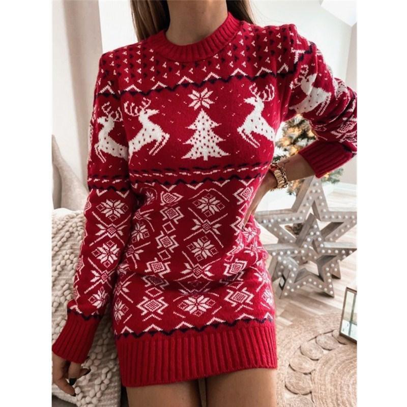  thdmladies Tight-Fitting Christmas Theme Jacquard Long-Sleeved Knitted Dress thedmladies