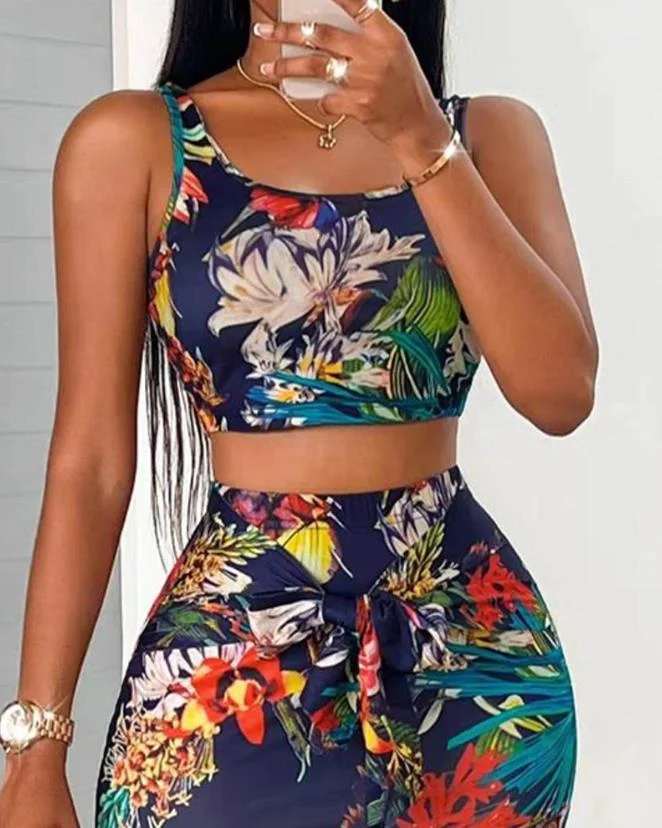 Nncharge Piece Sets Womens Outifits 2023 Summer Fashion Tropical Print U-Neck Sleeveless Crop Tank Top & Casual Skinny Midi Skirt Set