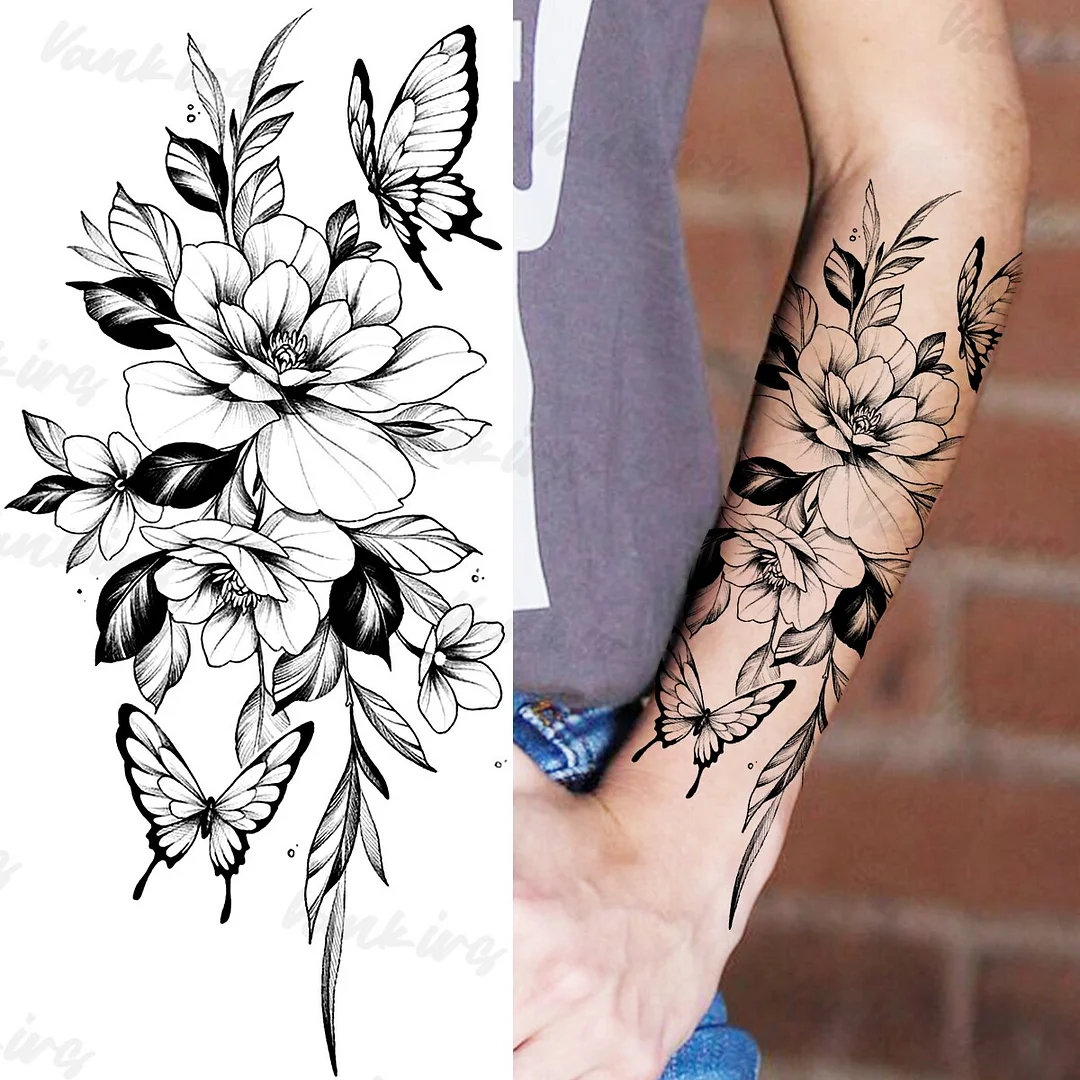 Sdrawing Peony Butterfly Temporary Butterfly Tattoos For Women Girls Realistic Snake Sun Fake Tattoo Sticker Leg Body Tatoos