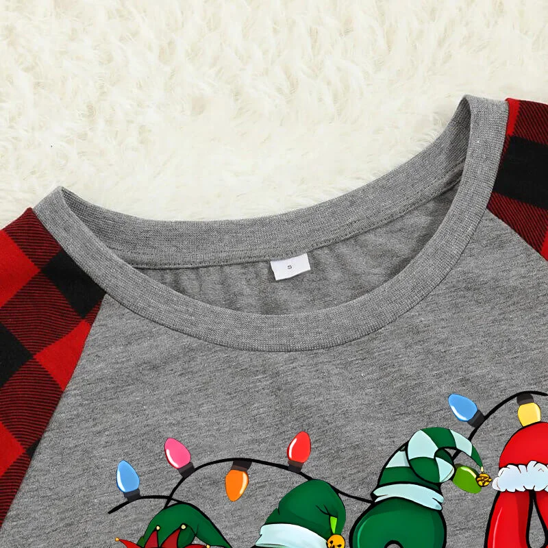 Christmas "2024" Letter Print Black & Red Plaid Family Matching Grey Pajamas With Dog bandana