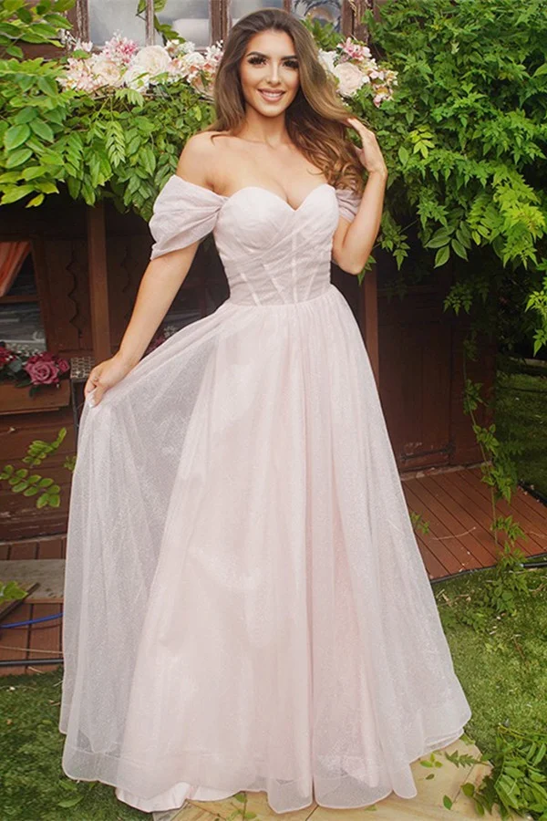 Luluslly Pale Pink Off-the-Shoulder Princess Long Evening Dress