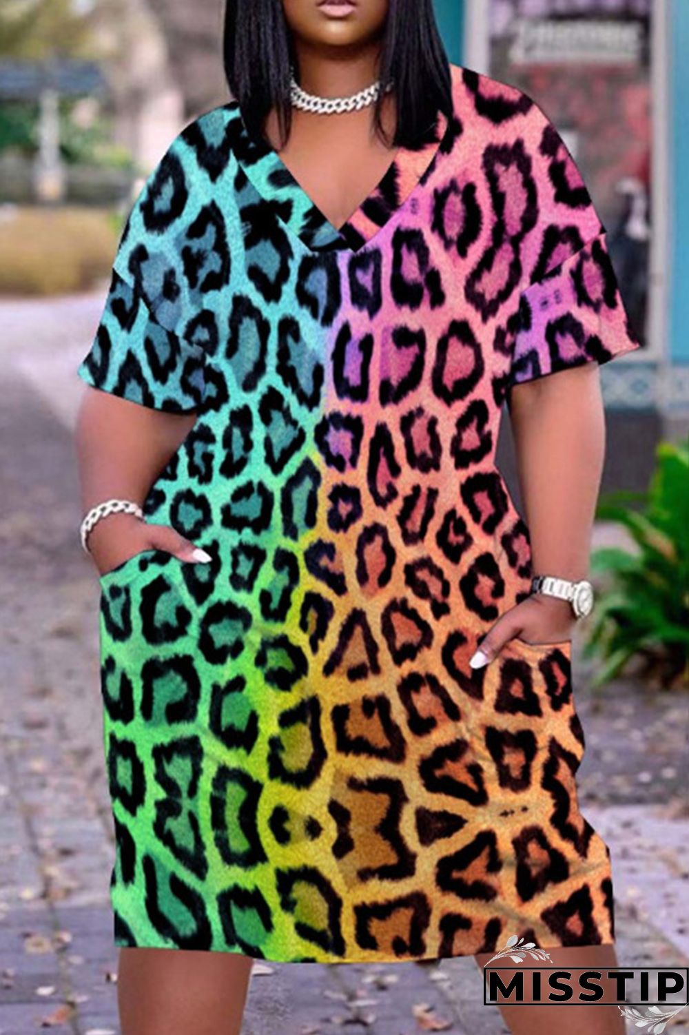 White Fashion Casual Print Leopard Basic V Neck Short Sleeve Dress