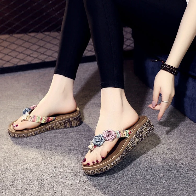 3cm High Heel Women  Summer Seaside Non-slip Wear-resistant Platform Sandals Wedge Heel High-heeled Fashion Flip-flops Shoes