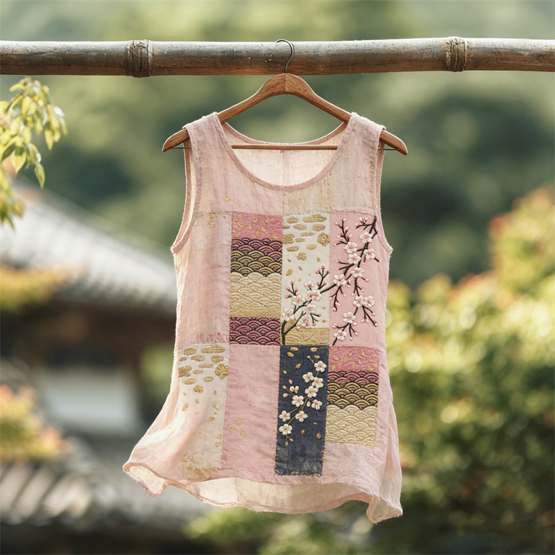 Cherry Blossom Japanese Patchwork Art Linen Tank Top wearshes