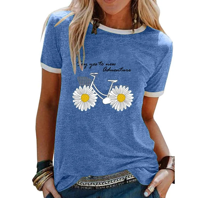 Tricou de primăvară și vară pentru femei, cu imprimeu de margarete mici, larg și casual, cu mânecă scurtă