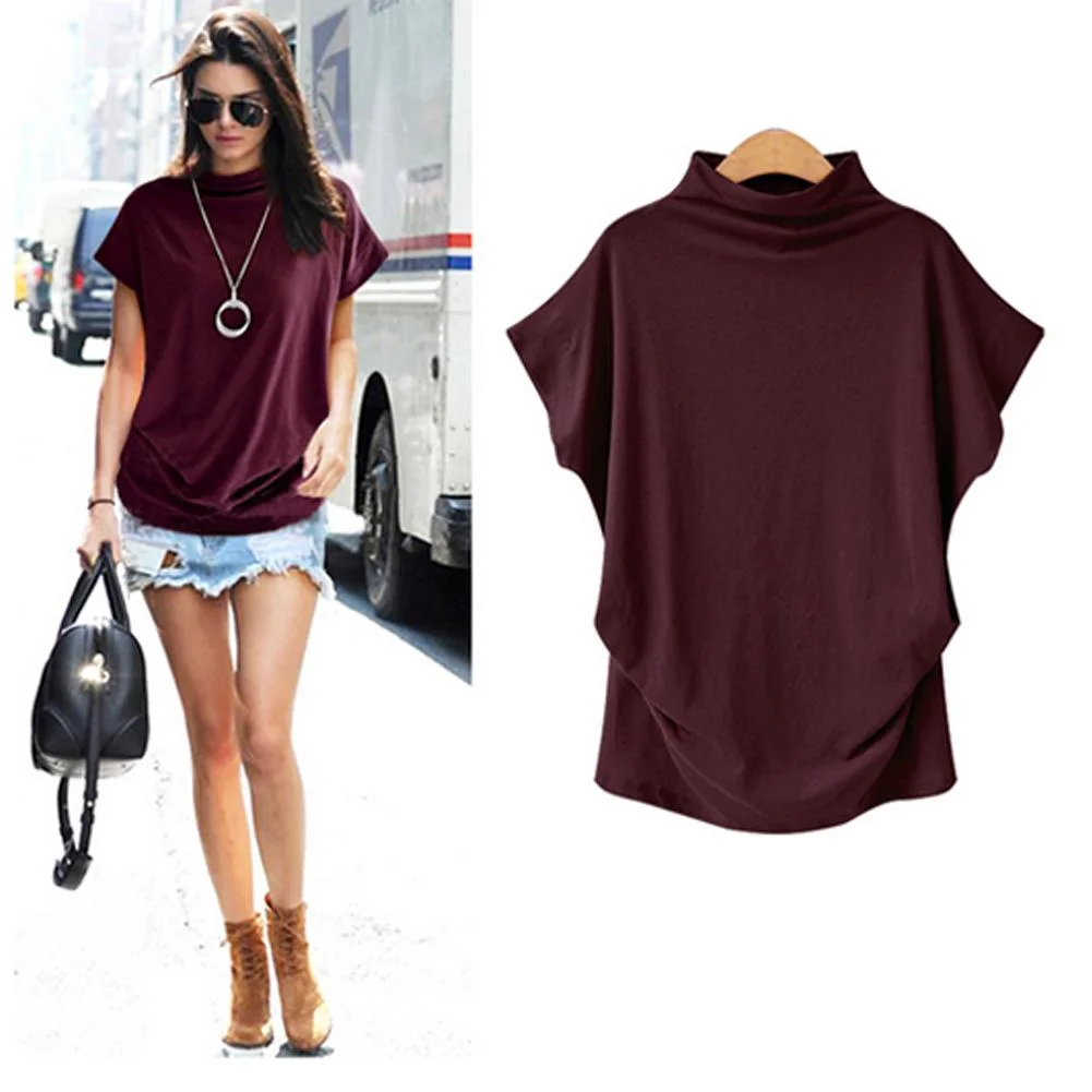 Women Casual Short Batwing Sleeve Loose Tops Solid Black Gray Turtleneck Tee T-Shirts | IFYHOME