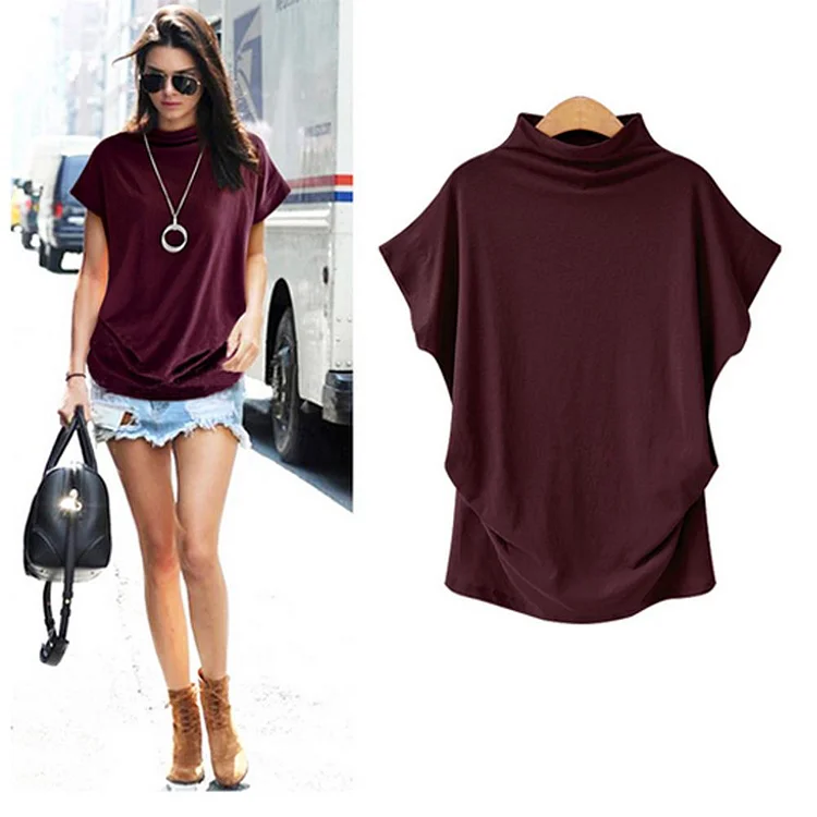 Women Casual Short Batwing Sleeve Loose Tops Solid Black Gray Turtleneck Tee T-Shirts-Cosfine