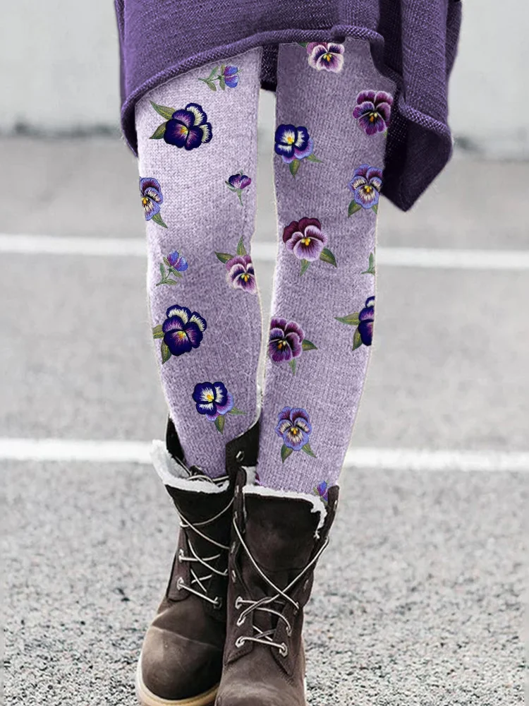 VChics Pansy Floral Embroidery Pattern Cozy Leggings