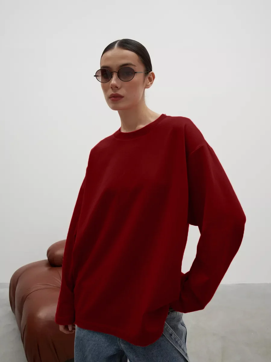 Athvotar Athvotar Fine Comb Cotton Solid Long-Sleeved T-Shirt Women Hot Loose Leisure Collar Top High Quality