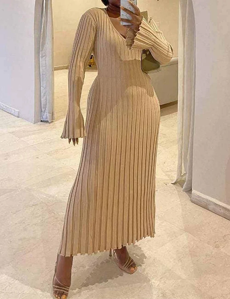 Ladies V-Neck Long Sleeves Large Hem Knit Dress 0728-1#