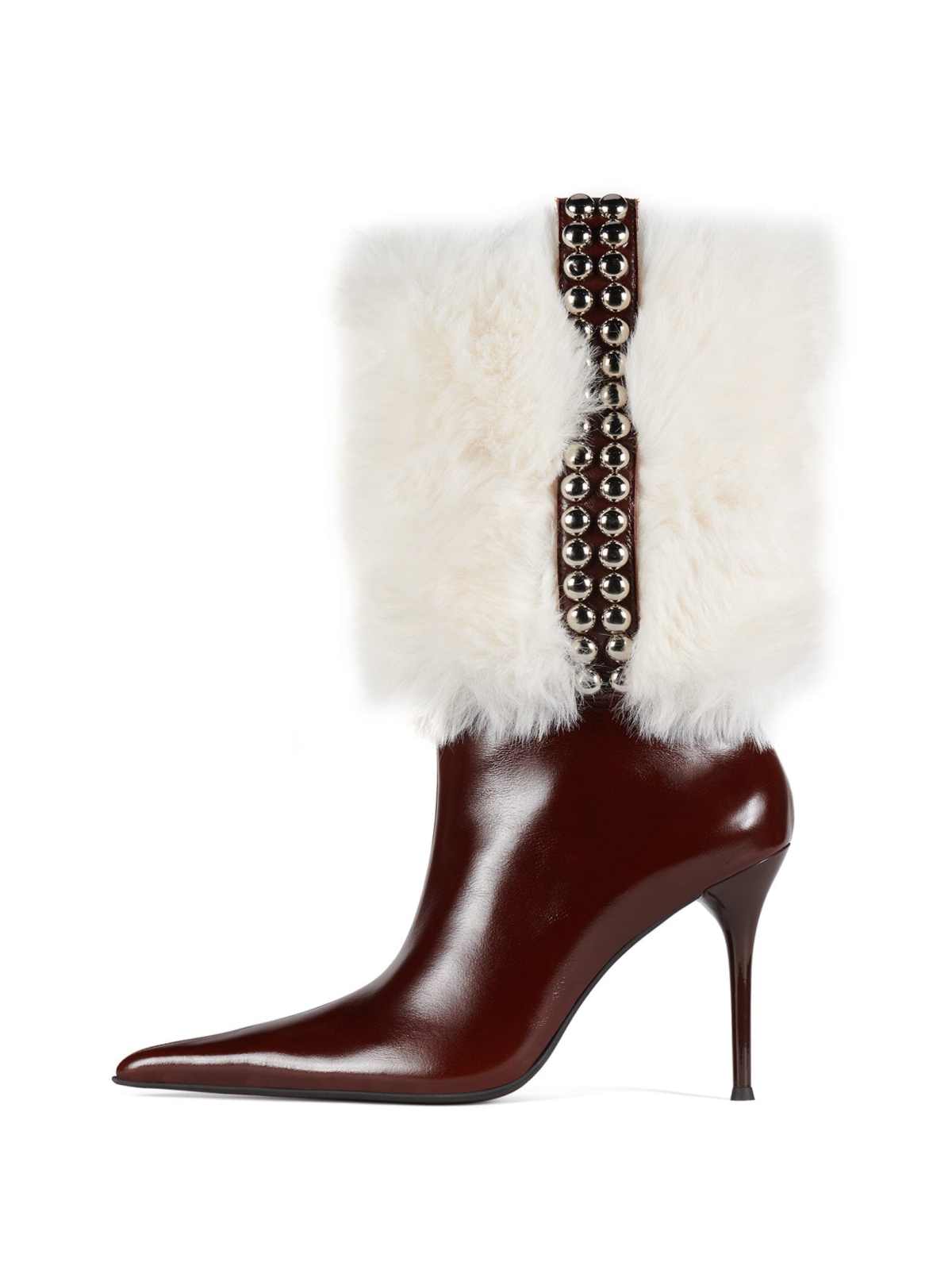Taafo Brown Pointed-Toe Faux Fur Studded Wide Mid Calf Stiletto Boots
