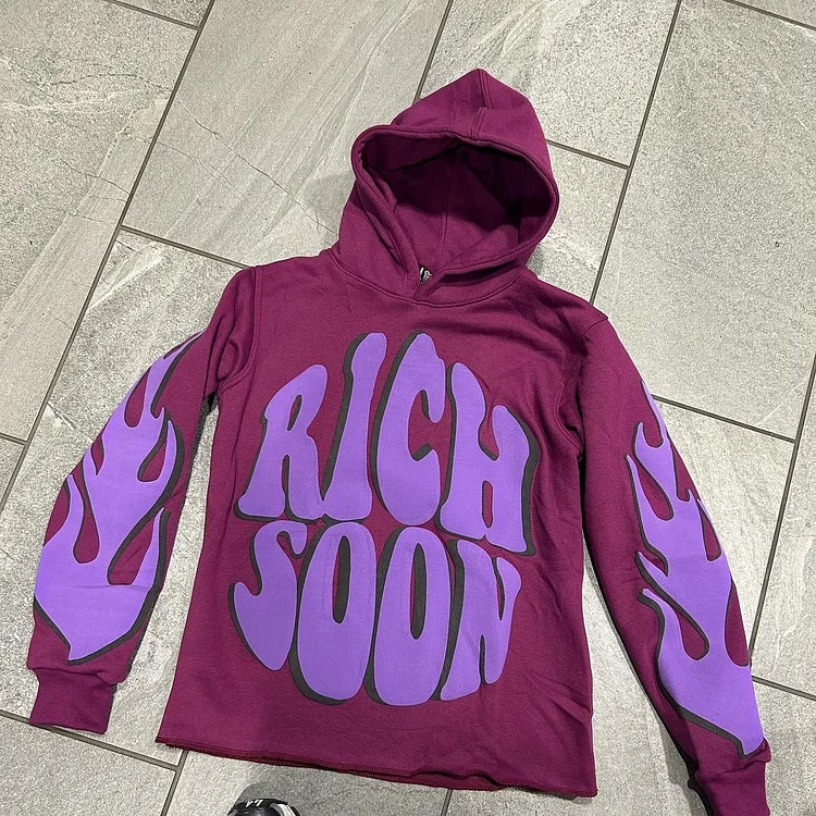 Street Letter Rich Soon Print Hoodie Casual Loose Hooded Sweatshirt Men's Hoodie at Hiphopee