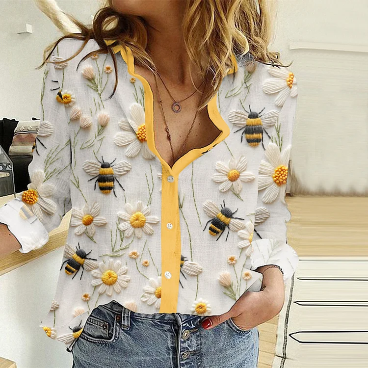 VChics Daisy Bee Embroidery Art Print Long Sleeved Shirt