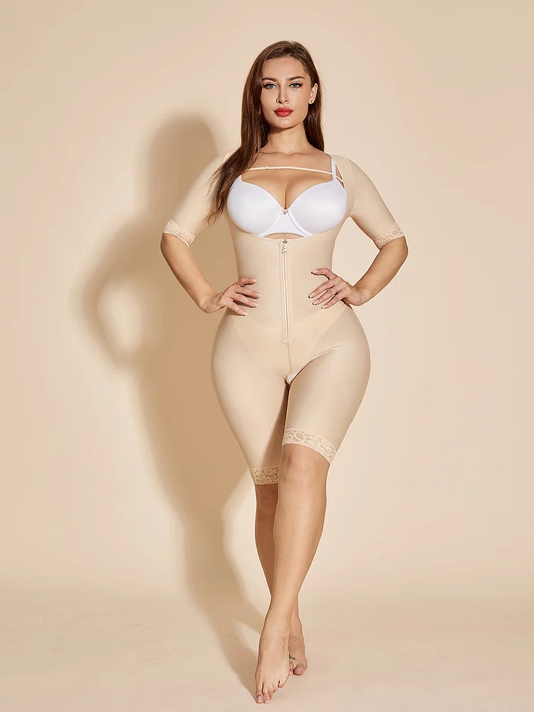 Long Sleeve Shapewear Open Bust Tummy Control Bodysuit - Tan
