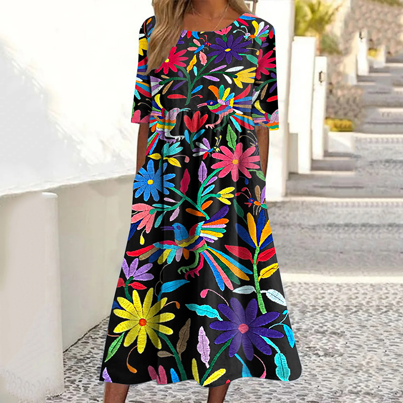 Comstylish Women's Ethnic Floral And Bird Art Pattern Cotton And Linen Dress