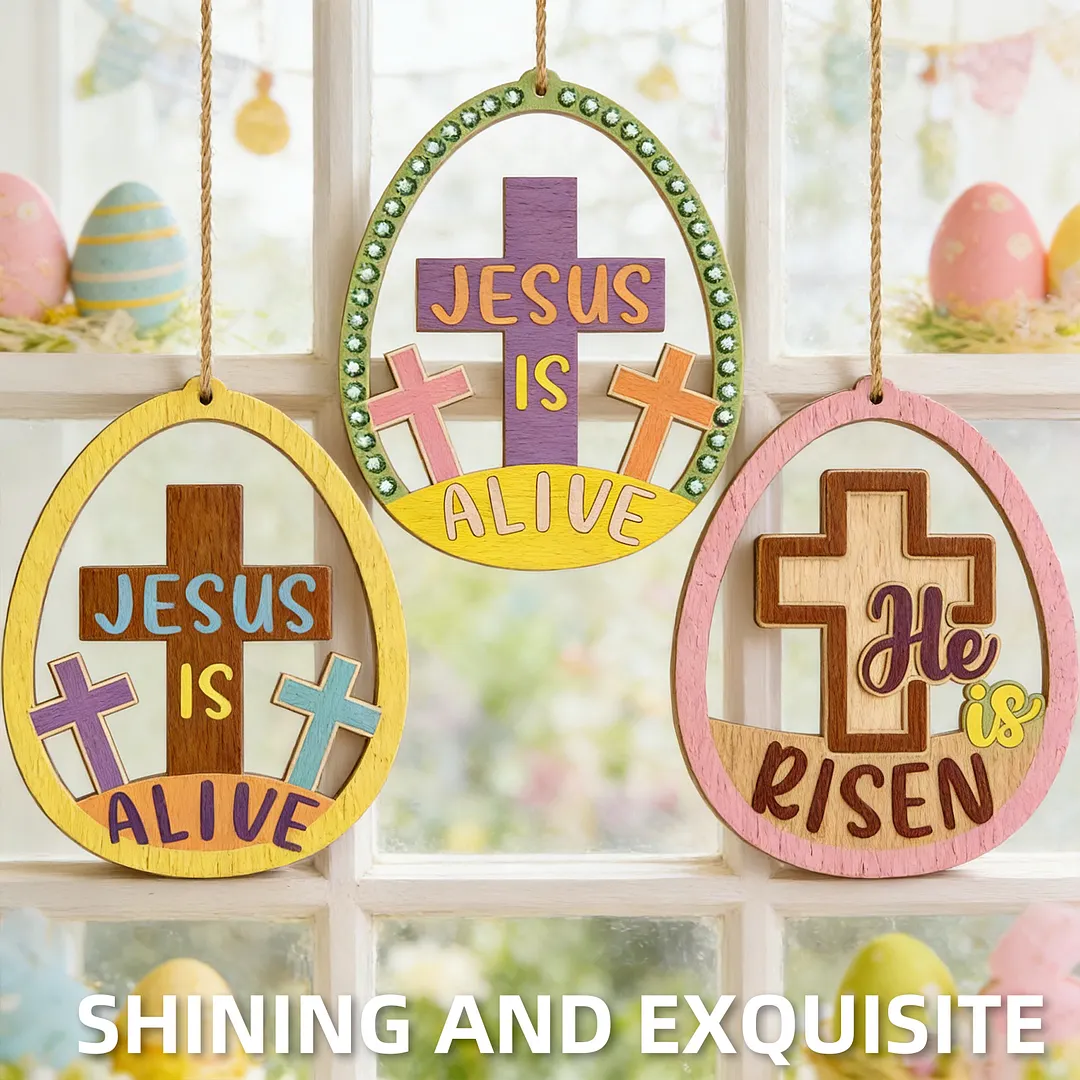 10Pcs Easter Cross DIY Unfinished Graffiti Wooden Pendant Wood Graffiti Crafts Hanging Ornaments for Living Room Office Party Decoration