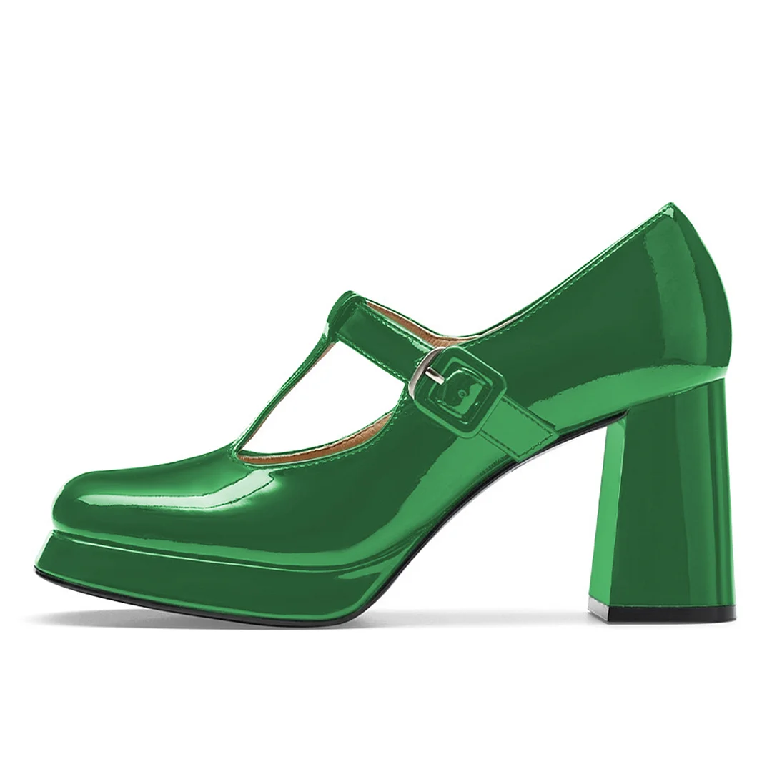 Green Patent Leather Square Toe Block Heel Platform Mary Janes