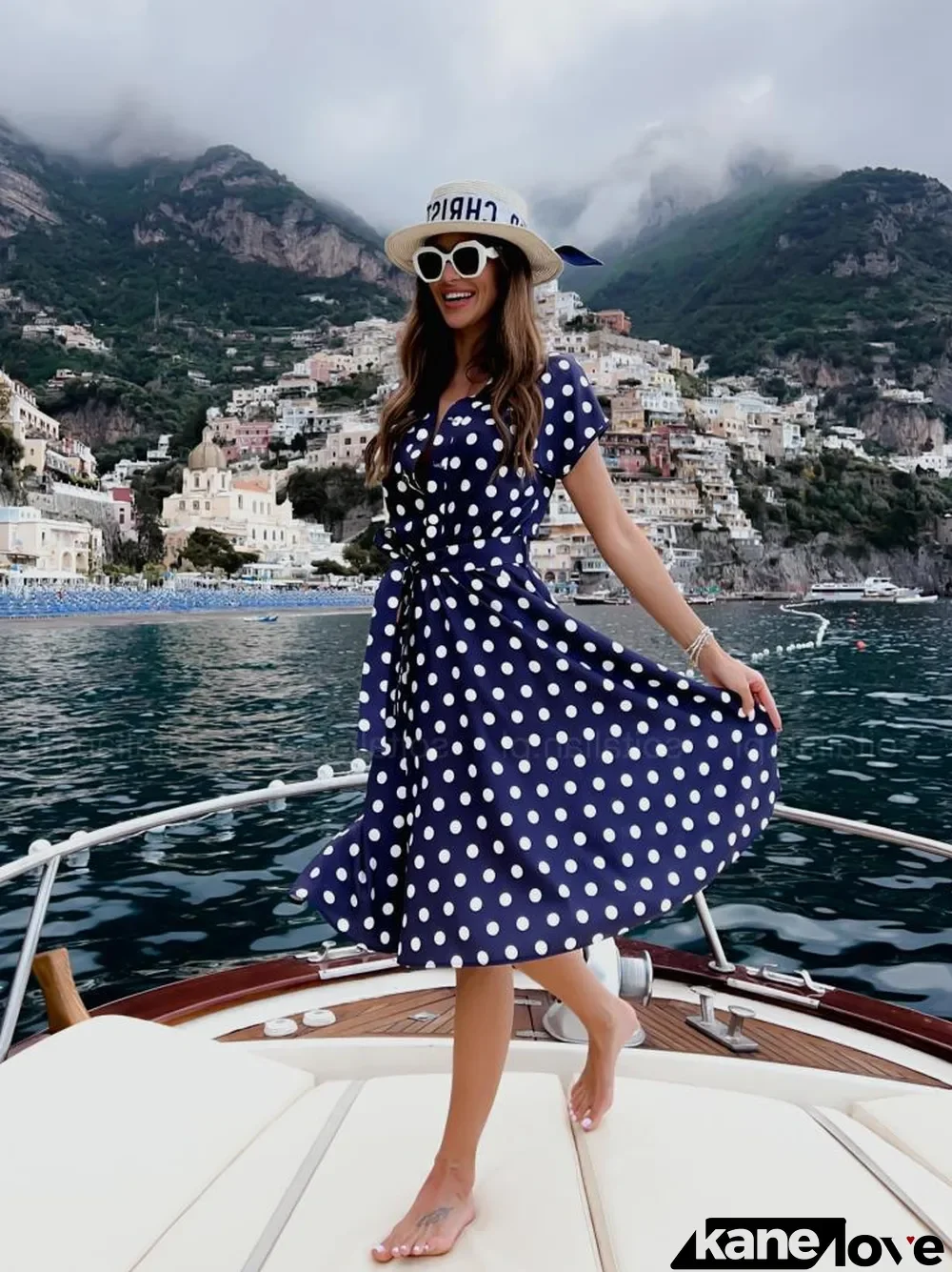 Summer Short Sleeve V-Neck Button Polka Dot Dress