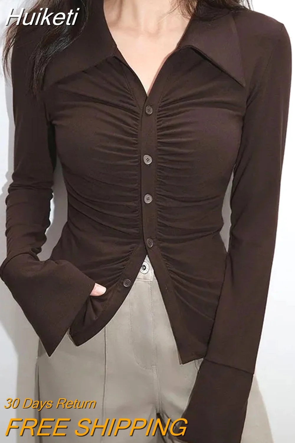 Huiketi Shirts Women Crop Tops Y2k Long Sleeve Pleated Blouse Elegant Korean Long Sleeved Lapel Tops Ladies Button Slim Shirts