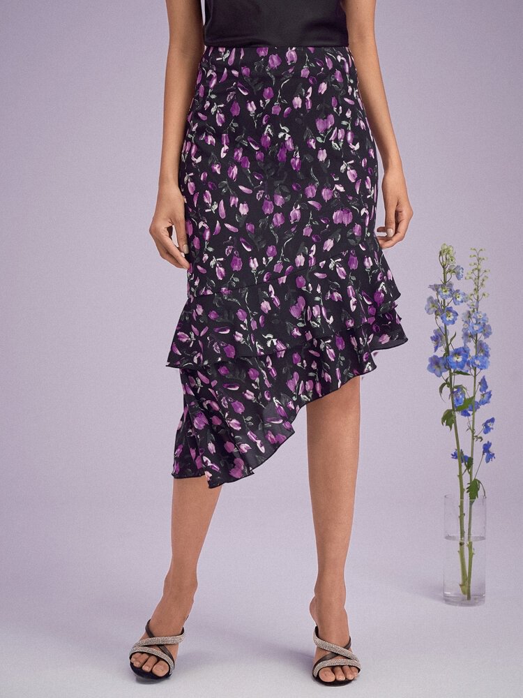 Women Floral Print Asymmetrical Tiered Ruffle Hem Skirt - BlackFridayBuys