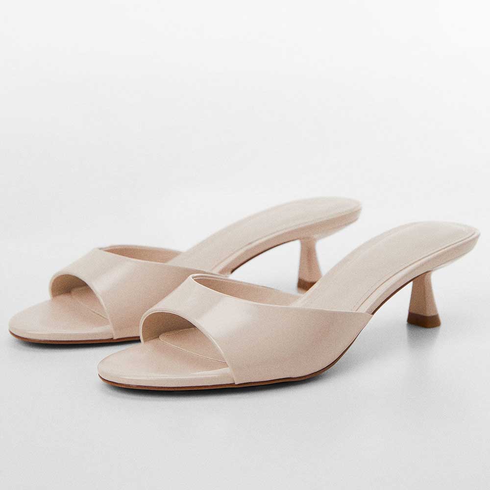 Ivory Patent Leather Square Toe Kitten Heel Wide-Band Mules Nicepairs