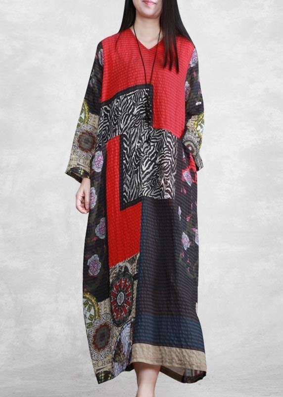 VCSHOES V Neck Long Sleeve Spring Tunic Pattern Outfits Print Kaftan Dresses